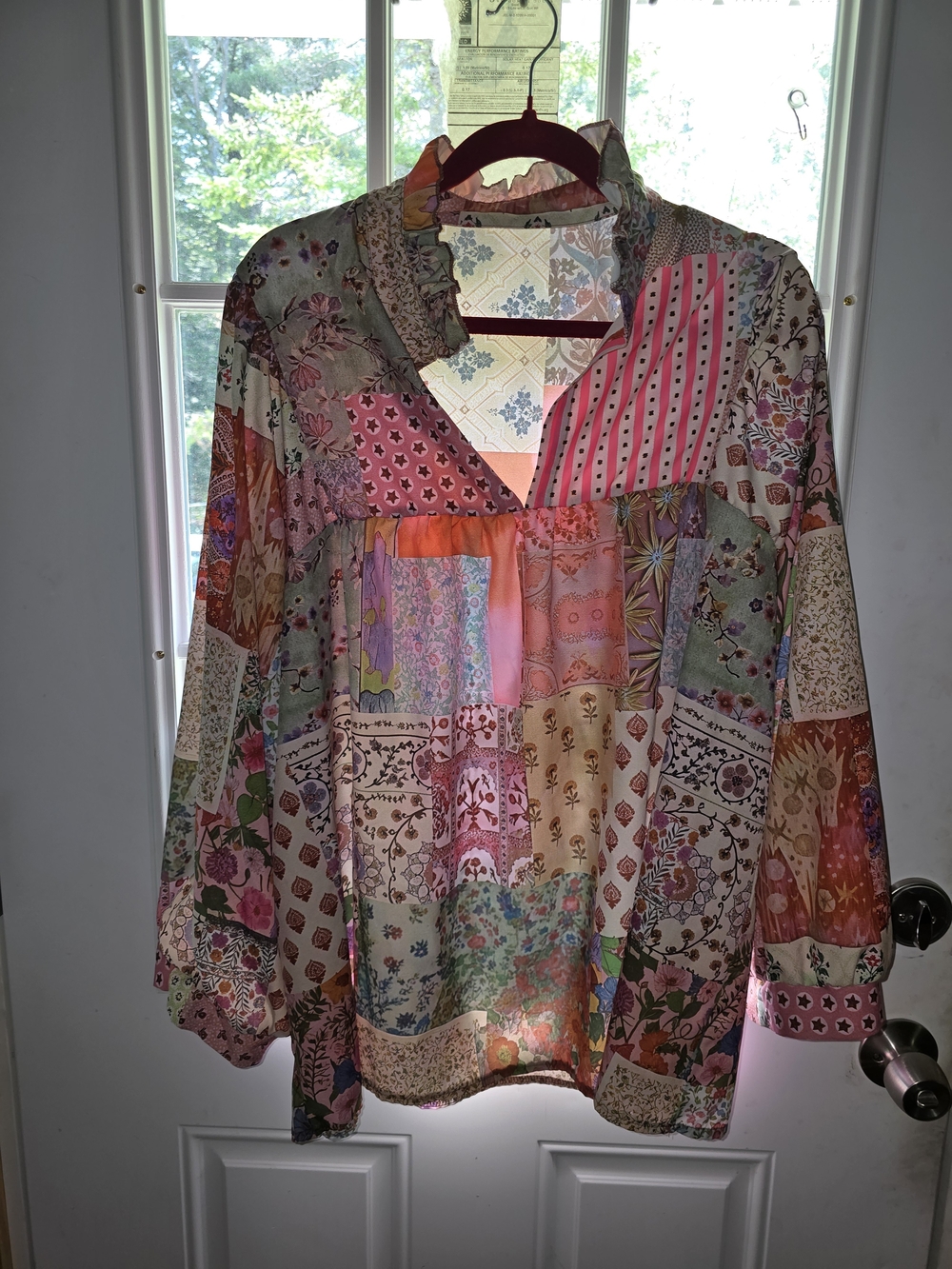 Boho Patchwork Pink Floral V-Neck Women’s Top